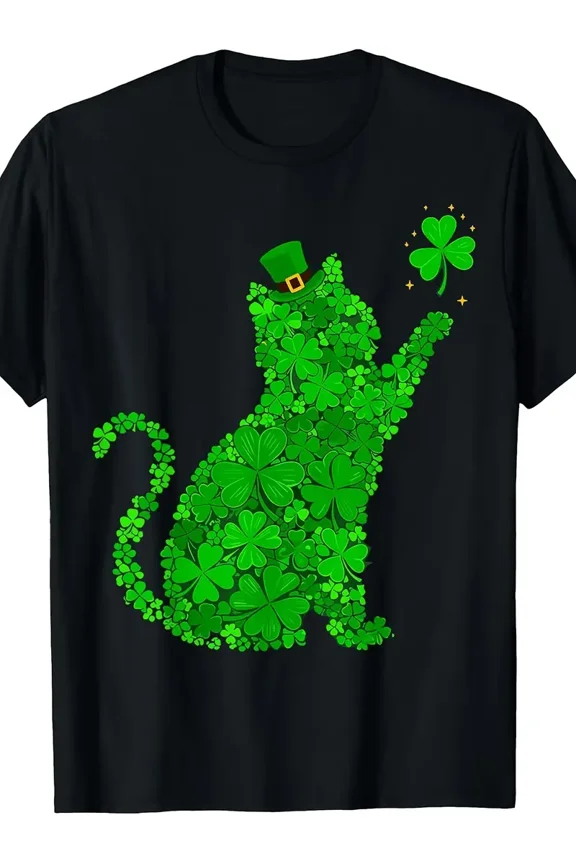 Saint Patrick's Day Lucky Clover Cat Graphic Short Sleeve T-Shirt