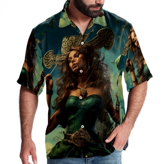 Saint Patrick's Day Men's Short Sleeve Poplin Shirt, Casual Printed Button Down Summer Beach Shirt - Unisex