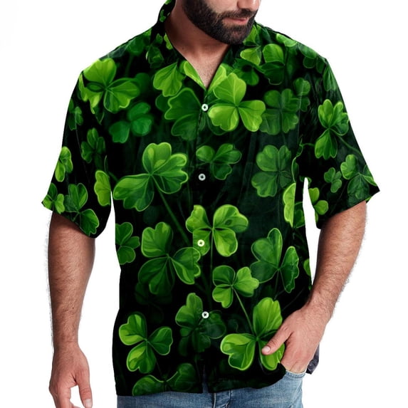 Saint Patrick's Day Men's Short Sleeve Poplin Shirt, Casual Printed Button Down Top for Summer Beach, Spread Collar Unisex Beach Shirt