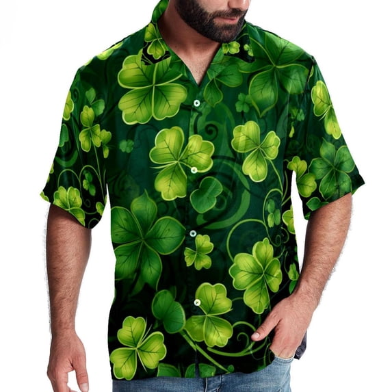 Saint Patrick's Day Men's Short Sleeve Printed Poplin Shirt with Spread Collar Tops - Casual Button Down Summer Beach Shirt for Men and Women