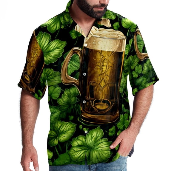 Saint Patrick's Day Men's Short Sleeve Printed Poplin Shirt with Spread Collar Tops - Casual Button Down Summer Beach Shirt for Men and Women