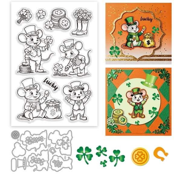Saint Patrick's Day Mouse Clear Stamps and Cutting Dies Set for Card Making Cartoon Mice Silicone Transparent Stamp Clover Die Cuts