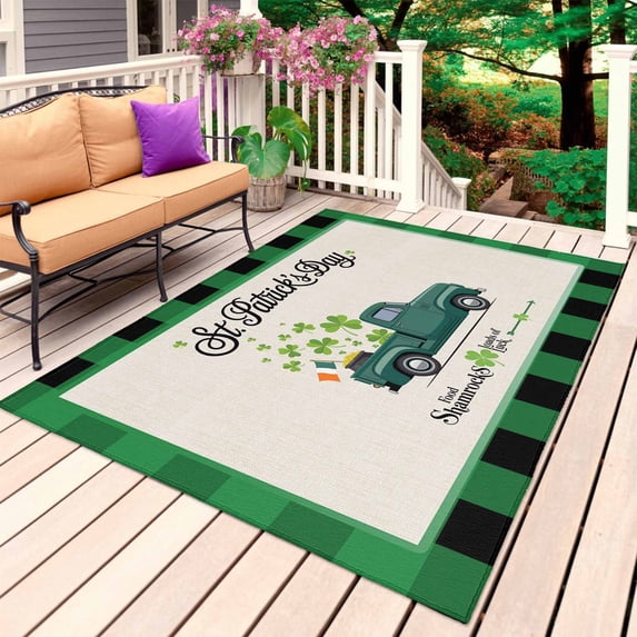 Saint Patrick's Day Outdoor Rug 5x8 Ft, Non Slip Washable Area Rug, Farmhouse Green Truck Leaves Checkered Patio Rugs Carpet Runner, Large Floor Mat for Indoor/Outdoor Deck Porch Camping