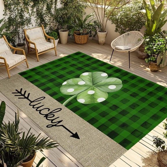 Saint Patrick's Day Outdoor Rug for Patio/Deck/Porch, Non-Slip Large Area Rug 3 x 5 Ft, Lucky Four-leaf Grass Green Plaid Indoor Outdoor Rugs Washable Area Rugs, Reversible Camping Rug Carpet Runner