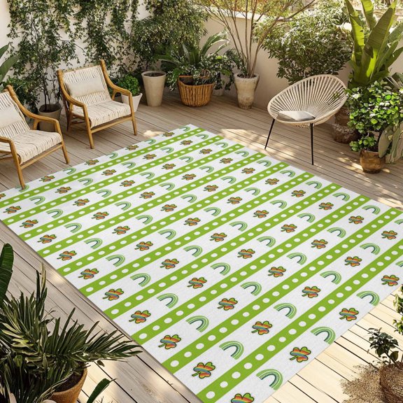 Saint Patrick's Day Outdoor Rug for Patio/Deck/Porch, Non-Slip Large Area Rug 3 x 5 Ft, Rainbow Clovers Green Striped Dots Indoor Outdoor Rugs Washable Area Rugs, Reversible Camping Rug Carpet Runner