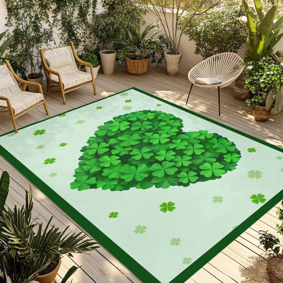 Saint Patrick's Day Outdoor Rug for Patio/Deck/Porch, Non-Slip Large Area Rug 3 x 5 Ft, Spring Lucky Grass Love Heart Indoor Outdoor Rugs Washable Area Rugs, Reversible Camping Rug Carpet Runner