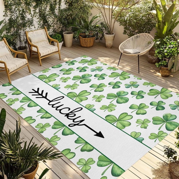 Saint Patrick's Day Outdoor Rug for Patio/Deck/Porch, Non-Slip Large Area Rug 3 x 5 Ft, Spring Lucky Shamrocks Grass Indoor Outdoor Rugs Washable Area Rugs, Reversible Camping Rug Carpet Runner