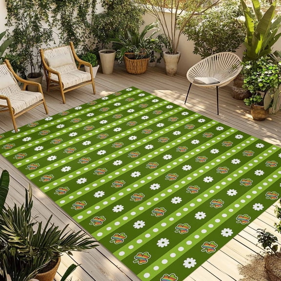 Saint Patrick's Day Outdoor Rug for Patio/Deck/Porch, Non-Slip Large Area Rug 4 x 6 Ft, Green Rainbow Lucky Clovers Striped Indoor Outdoor Rugs Washable Area Rugs, Camping Rug Carpet Runner