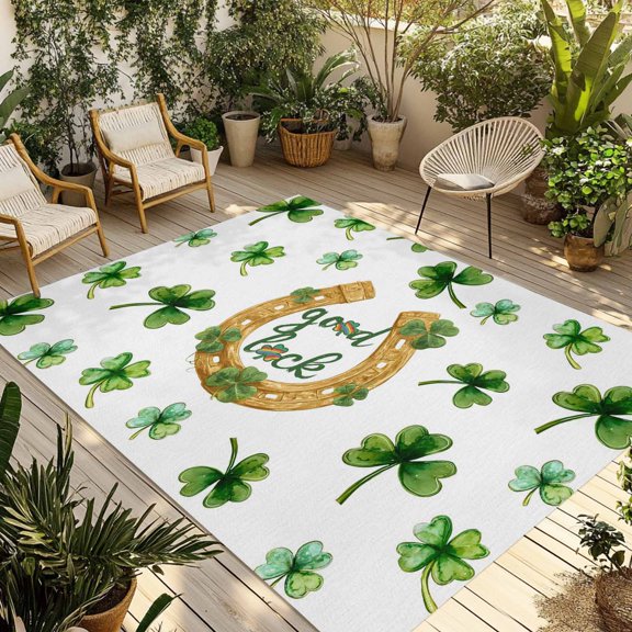 Saint Patrick's Day Outdoor Rug for Patio/Deck/Porch, Non-Slip Large Area Rug 4 x 6 Ft, Horseshoe Green Botanical Clovers Leaf Indoor Outdoor Rugs Washable Area Rugs, Camping Rug Carpet Runner