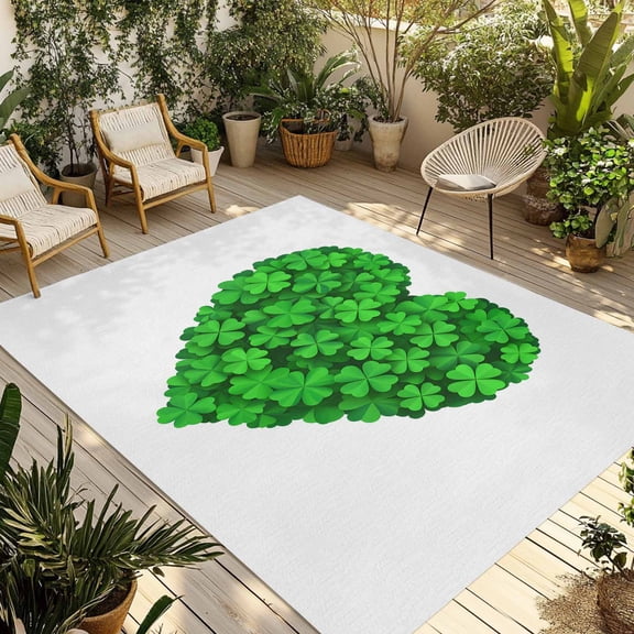 Saint Patrick's Day Outdoor Rug for Patio/Deck/Porch, Non-Slip Large Area Rug 4 x 6 Ft, Lucky Four-leaf Grass Love Heart Indoor Outdoor Rugs Washable Area Rugs, Reversible Camping Rug Carpet Runner