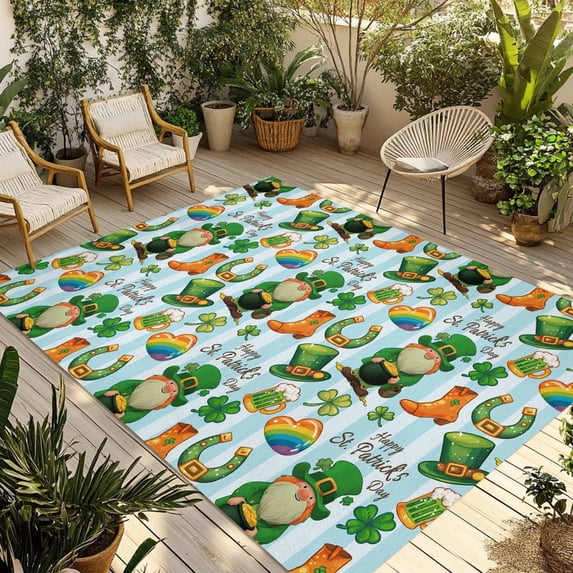 Saint Patrick's Day Outdoor Rug for Patio/Deck/Porch, Non-Slip Large Area Rug 6 x 9 Ft, Gnomes Hat Boot Clovers Blue Stripes Indoor Outdoor Rugs Washable Area Rugs, Camping Rug Carpet Runner