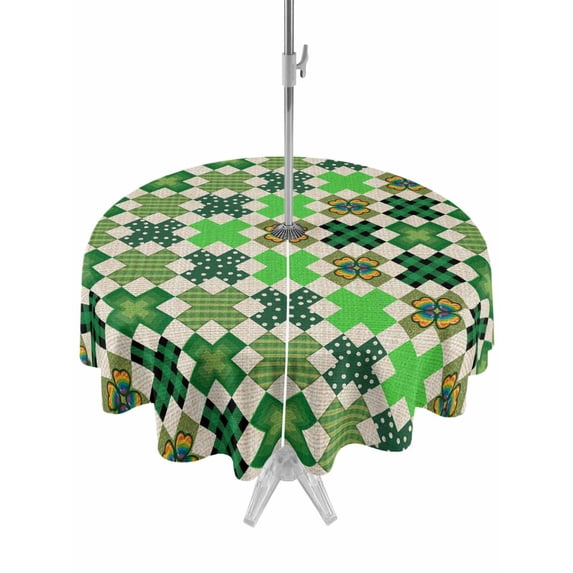 Saint Patrick's Day Outdoor Tablecloth - 54 Inch Round Dining Table Cover, Vintage Green Plaid Lucky Clovers Waterproof Outdoor Table Cloth with Umbrella Hole & Zipper for Picnic/Patio/Party