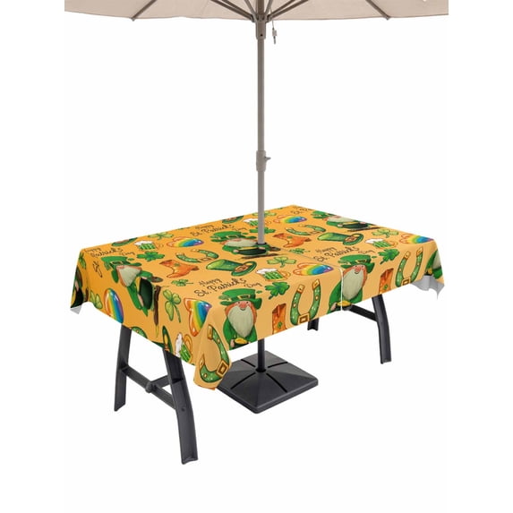 Saint Patrick's Day Outdoor Tablecloth - 60x102 Inch Rectangle Dining Table Cover, Orange Gnomes Hat Boot Rainbow Clovers Waterproof Outdoor Table Cloth with Umbrella Hole & Zipper for Picnic/Patio
