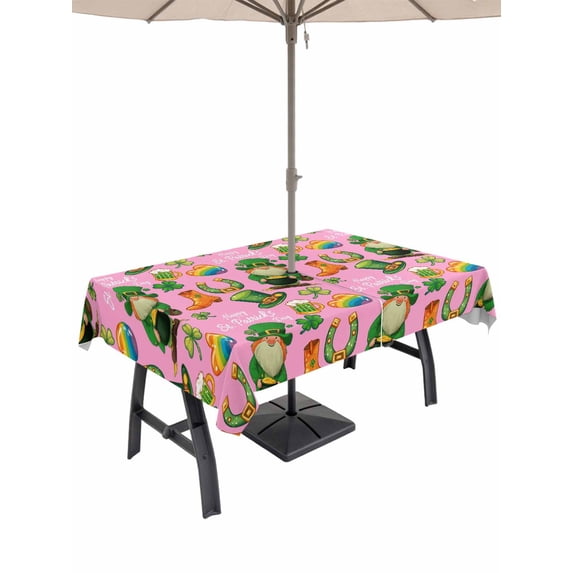 Saint Patrick's Day Outdoor Tablecloth - 60x120 Inch Rectangle Dining Table Cover, Pink Gnomes Hat Boot Clovers Love Waterproof Outdoor Table Cloth with Umbrella Hole & Zipper for Picnic/Patio/Party