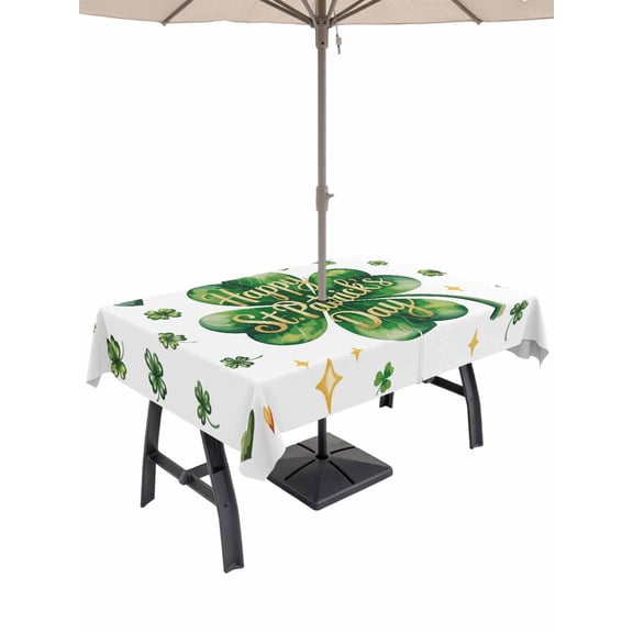 Saint Patrick's Day Outdoor Tablecloth - 60x120 Inch Rectangle Dining Table Cover, Watercolor Shamrock Love Star Lucky Green Waterproof Outdoor Table Cloth with Umbrella Hole & Zipper for Patio