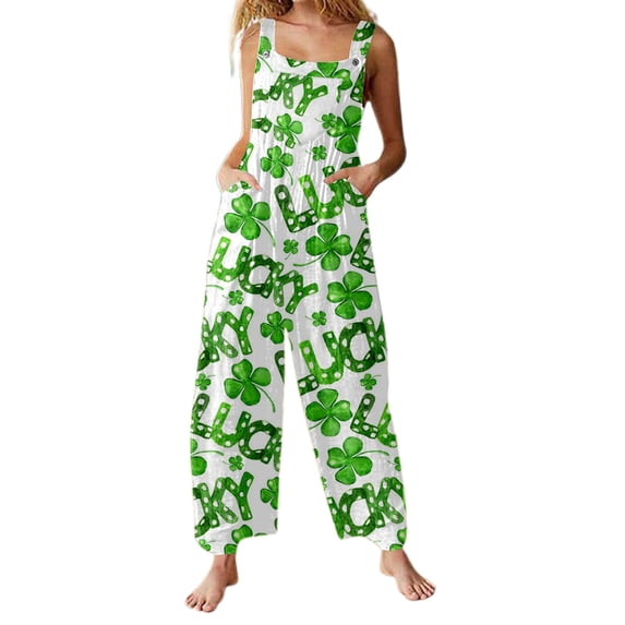 Saint Patrick's Day Overalls for Women Loose Fit Jumpsuit Plus Sizes Checkered Straight Leg Pants Stretch Bib Coveralls