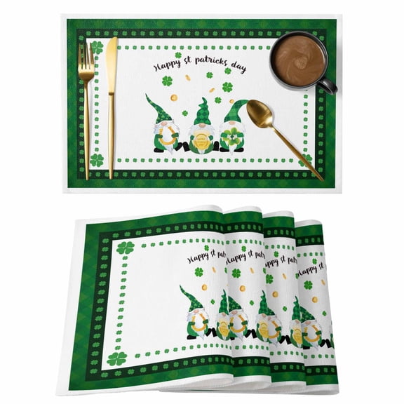 Saint Patrick's Day Placemats Set of 4, Spring Lucky Gnomes Four-leaf Grass Placemats for Dining Table, Place Mats for Kitchen Tabletop, Waterproof Wipeable Dining Table Mats Set