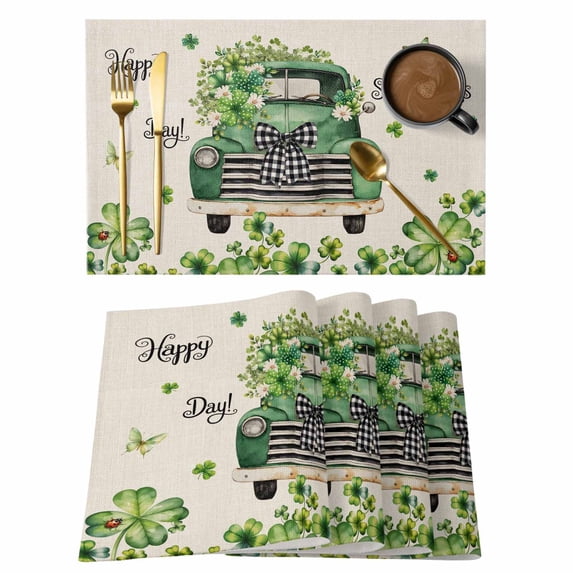 Saint Patrick's Day Placemats Set of 8, Green Truck Leaves Floral Farmhouse Placemats for Dining Table, Place Mats for Kitchen Tabletop, Waterproof Wipeable Dining Table Mats Set