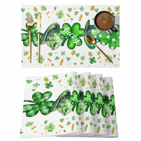 Saint Patrick's Day Placemats Set of 8 Spring Green Clovers Hats Coin Love Place Mats Indoor Wipeable Table Mats Washable Cloth Dining Table Placemats for Kitchen Holiday Party Home Decor 13x19 Inch