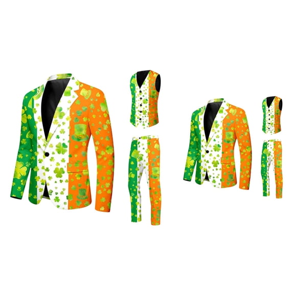 Saint Patrick's Day Printed Men's Tuxedo Slim Fit 3 Piece Suit Set, Formal Festive Pattern Blazer Vest Pants, Elegant Wedding Prom Dinner Party One Button Modern Formal Occasions