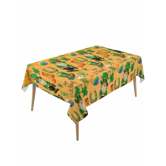 Saint Patrick's Day Rectangle Tablecloth, Orange Gnomes Hat Boot Rainbow Clovers Waterproof & StainResistant Tablecloth, Washable Oil-proof Table Cover for Dining/Party/Wedding/Buffet 54x108 In