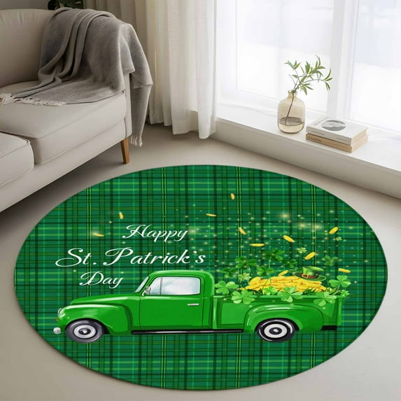 Saint Patrick's Day Round Area Rug 3.3Ft Washable Circle Rugs for Dining Room Table, Spring Green Truck Lucky Grasses Check Non-Slip Carpet Floor Mats Indoor Outdoor Carpet Runner Home Decor