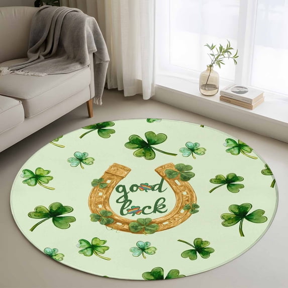Saint Patrick's Day Round Area Rug 4ft, Spring Horseshoe Green Clovers Leaves Washable Non-Slip Circle Rugs for Bedroom Living Room Kitchen, Soft Non Shedding Circle Carpet for Dining Room Dorm