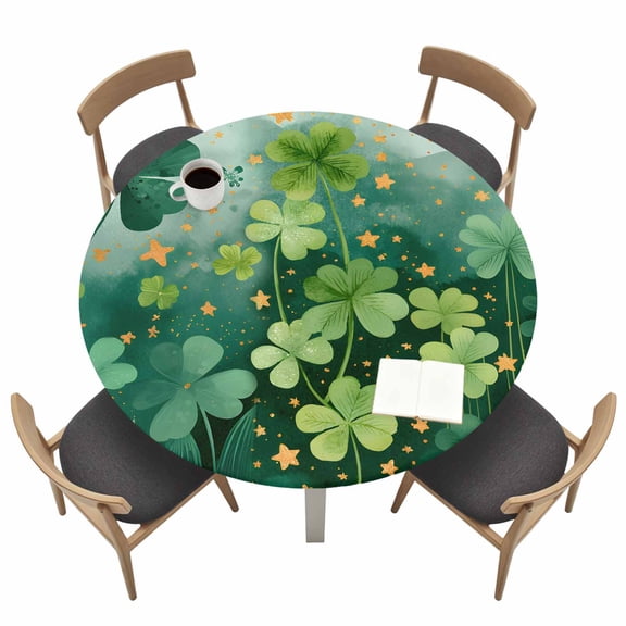 Saint Patrick's Day Round Fitted Tablecloth with Elastic Edge Spring Green Lucky Shamrocks Gold Stars Gradient Green Table Cover Fit for 36"-44" Tables Tablecloths for Dinner Camping Picnic