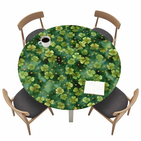 Saint Patrick's Day Round Fitted Tablecloth with Elastic Edge Watercolor Spring Green Lucky Shamrocks Shiny Stars Green Table Cover Fit for 55"-60" Tables Tablecloths for Dinner Camping Picnic