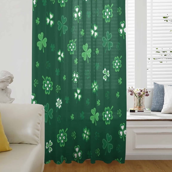 Saint Patrick's Day Semi Sheer Curtains Drapes for Living Room, Bedroom, French Doors Window 54 Inches Long, Green Lucky Shamrock Spring Rod Pocket Chiffon Curtain Drapery Voile Draperies Panel