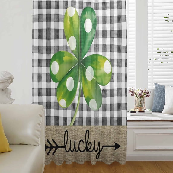 Saint Patrick's Day Semi Sheer Curtains Drapes for Living Room,Bedroom,French Doors Window 84 Inches Long,Farmhouse Green Lucky Clovers Plaid Rod Pocket Chiffon Curtain Drapery Voile Draperies Panel