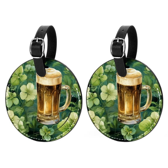 Saint Patrick's Day Set of 2pcs PU Leather Round Suitcase Tags with Privacy Cover and Name ID Tag - Ideal for Travel Luggage, Handbags, Backpacks, School Bags