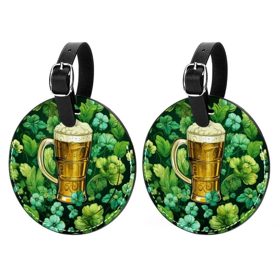 Saint Patrick's Day Set of 2pcs PU Leather Round Suitcase Tags with Privacy Cover and Name ID Tag - Ideal for Travel Luggage, Handbags, Backpacks, School Bags