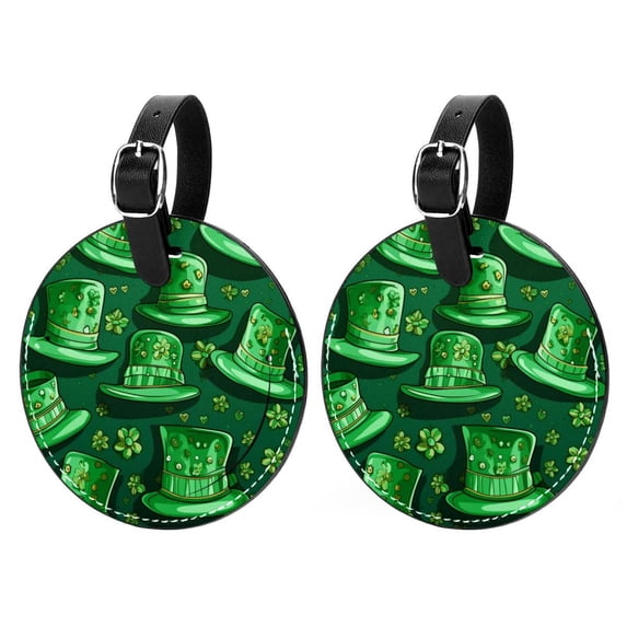 Saint Patrick's Day Set of 2pcs PU Leather Round Suitcase Tags with Privacy Cover and Name ID Tag - Ideal for Travel Luggage, Handbags, Backpacks, School Bags