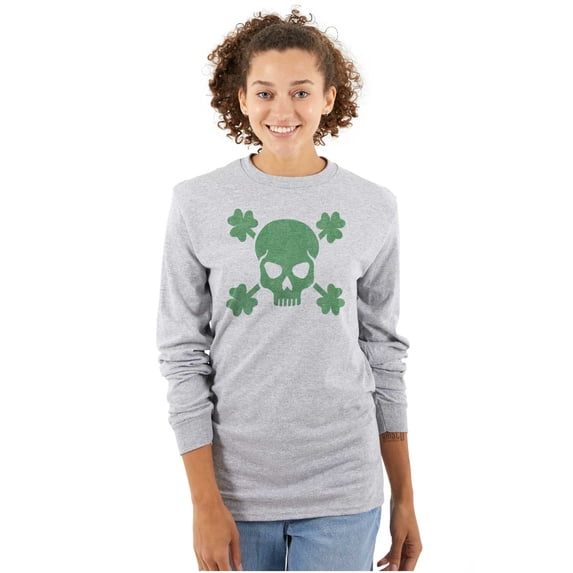 Saint Patrick's Day Shamrock Skull Long Sleeve TShirt Men Women Brisco Brands S