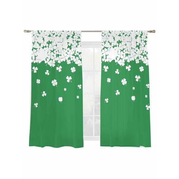 Saint Patrick's Day Sheer Curtains 2 Panels Set Country White Lucky Shamrock Green Background Sheer Window Curtains Light Filtering Rod Pocket Voile Drapes for Bedroom Living Room 52"x63"