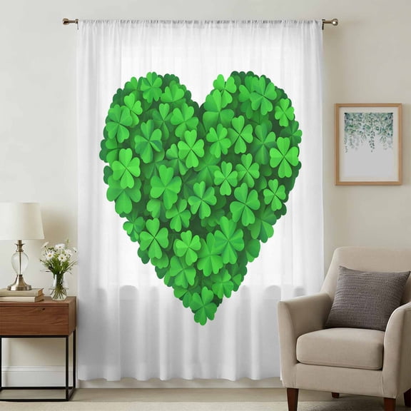 Saint Patrick's Day Sheer Curtains 45 Inches Long, Lucky Four-leaf Grass Love Heart Light Filering Curtains, Breathable Simi Curtain Privacy Drapes for Kitchen Bathroom Small Window Treatment