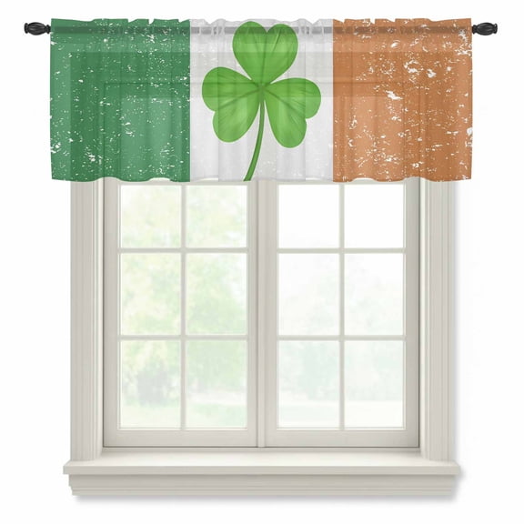 Saint Patrick's Day Sheer Valances for Windows, Mottled Green White Orange Flag Green Lucky Shamrocks Semi Sheer Kitchen Valance Rod Pocket Small Voile Curtains for Living Room Bedroom 42x12 Inch