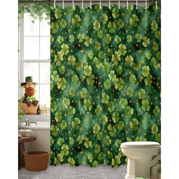 Saint Patrick's Day Shower Curtain, 72" x 72", Watercolor Spring Green Lucky Shamrocks Shiny Stars Green Waterproof Bathroom Curtain Washable Shower Curtain Set with 12 Hooks