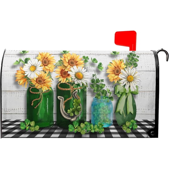 Saint Patrick''s Day Spring Green Clover Mailbox Covers Magnetic Standard Size 25.5" X 21",Yellow White Sunflower in Mason Jars Mailbox Wraps Post Letter Box Cover for Holiday Garden Yard Decor