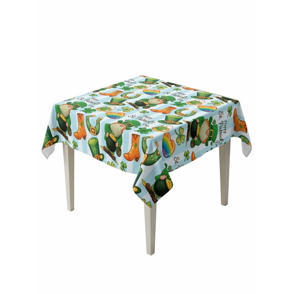 Saint Patrick's Day Suqare Tablecloth - 54 x 54 Inch, Gnomes Hat Boot Clovers Blue Stripes Waterproof & StainResistant Tablecloth, Washable Oil-proof Table Cover for Dining/Party/Wedding/Buffet