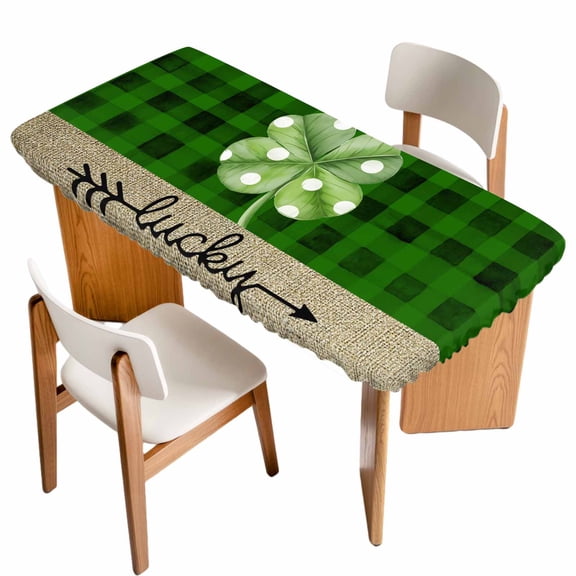 Saint Patrick's Day Table Cloths for 4 Foot Rectangle Tables, Lucky Four-leaf Grass Green Plaid Patio Waterproof Elastic Fitted Tablecloths, Washable Rectangular Table Cover for Camping