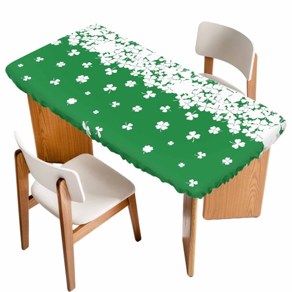 Saint Patrick's Day Table Cloths for 4 Foot Rectangle Tables, Spring Lucky Grasses Falling Patio Waterproof Elastic Fitted Tablecloths, Washable Rectangular Table Cover for Camping
