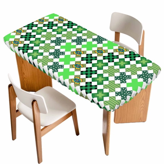 Saint Patrick's Day Table Cloths for 5 Foot Rectangle Tables, Green Plaid Clovers Geometric Patio Waterproof Elastic Fitted Tablecloths, Washable Rectangular Table Cover for Camping