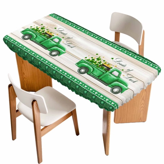 Saint Patrick's Day Table Cloths for 6 Foot Rectangle Tables, Luck Leaves Car Grey Wooden Plaid Patio Waterproof Elastic Fitted Tablecloths, Washable Rectangular Table Cover for Camping