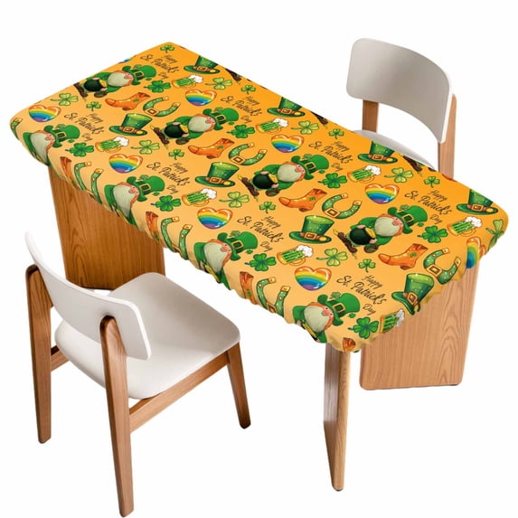 Saint Patrick's Day Table Cloths for 6 Foot Rectangle Tables, Orange Gnomes Hat Boot Rainbow Clovers Patio Waterproof Elastic Fitted Tablecloths, Washable Rectangular Table Cover for Camping