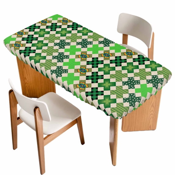 Saint Patrick's Day Table Cloths for 6 Foot Rectangle Tables, Vintage Green Plaid Lucky Clovers Patio Waterproof Elastic Fitted Tablecloths, Washable Rectangular Table Cover for Camping