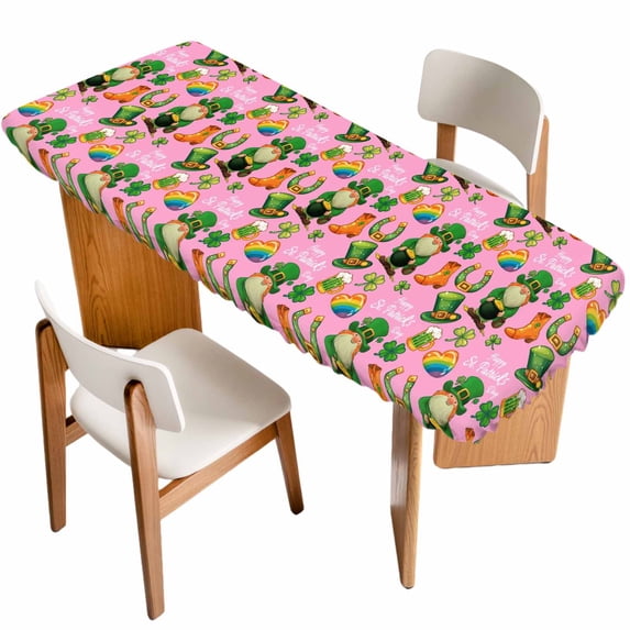 Saint Patrick's Day Table Cloths for 8 Foot Rectangle Tables, Pink Gnomes Hat Boot Clovers Love Patio Waterproof Elastic Fitted Tablecloths, Washable Rectangular Table Cover for Camping