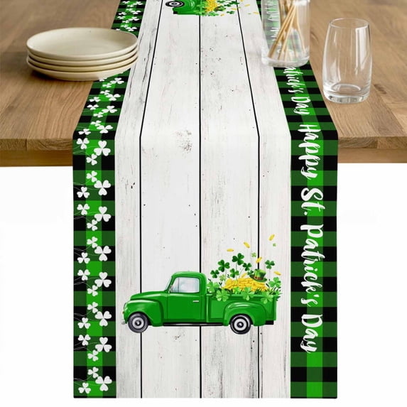 Saint Patrick's Day Table Runner - 108 Inch Long Spring Green Grass Truck Gray Wood Plaid Cotton and Linen Blended Dress Scarves Farmhouse Table Runner for Kitchen Dining, Coffee Table, 13" x 108"