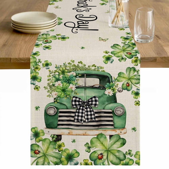 Saint Patrick's Day Table Runner - 120 Inch Long Green Truck Leaves Floral Farmhouse Cotton and Linen Blended Dress Scarves Farmhouse Table Runner for Kitchen Dining, Coffee Table, 13" x 120"